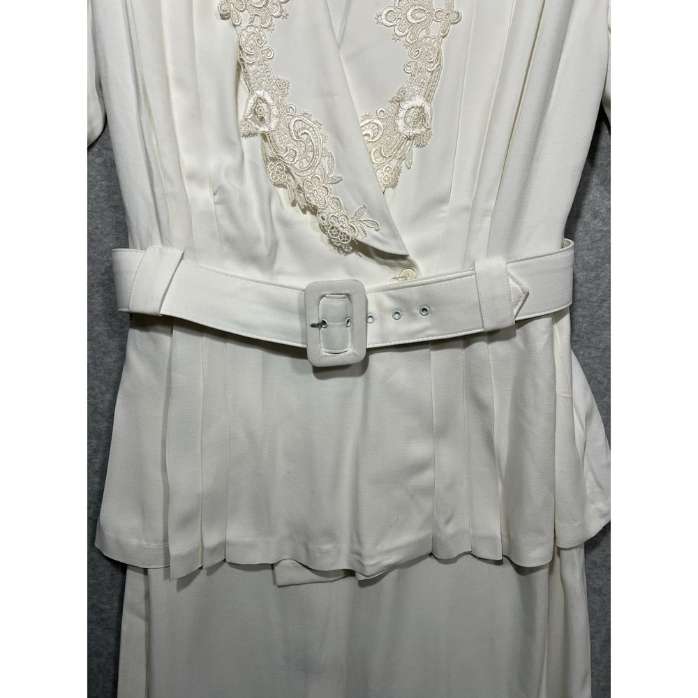 Vintage Ivory Belted Peplum Dress Lace Trim Secretary Bridal Occasion Midi - Picture 5 of 14